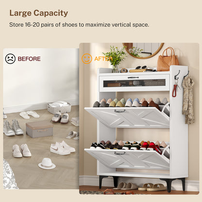 TEENFON Shoe Cabinet with 2 Flip Drawers, Shoe Storage Cabinet with Mesh Sliding Drawer, Freestanding Shoe Organizer with Metal Legs & 2 Hooks, Narrow Shoe Rack for Entryway, Hallway, White