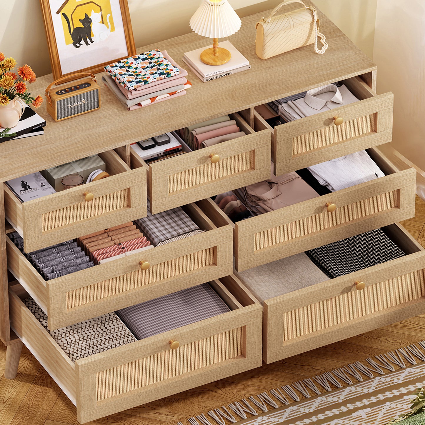 TEENFON 47.2''Wide 7 Drawer Rattan Dresser, Boho Dresser for Bedroom, Chest of Drawers, Closet Organizer, Natural Wood Dressers Chest for Bedroom, Living Room, Entryway, Natural