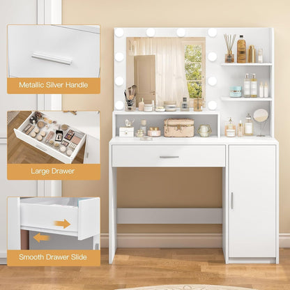 TEENFON Vanity Desk with 10 Lights & Mirror, 3 Storage Shelf, Big Drawer, Cabinet with Shelves, 3 Lighting Modes & Adjustable Brightness Dressing Table, Small Makeup Vanity, 35.5” Desk,White