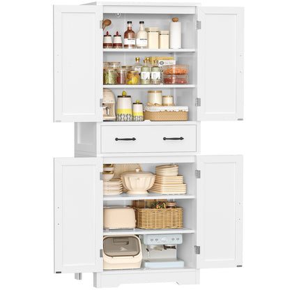 TEENFON Tall Storage Cabinet with 2 Adjustable Shelves & 1 Large Drawer, Kitchen Pantry Cabinet with 4 Doors, Bathroom Storage Cabinets, for Living Room, Kitchen, Bathroom, White