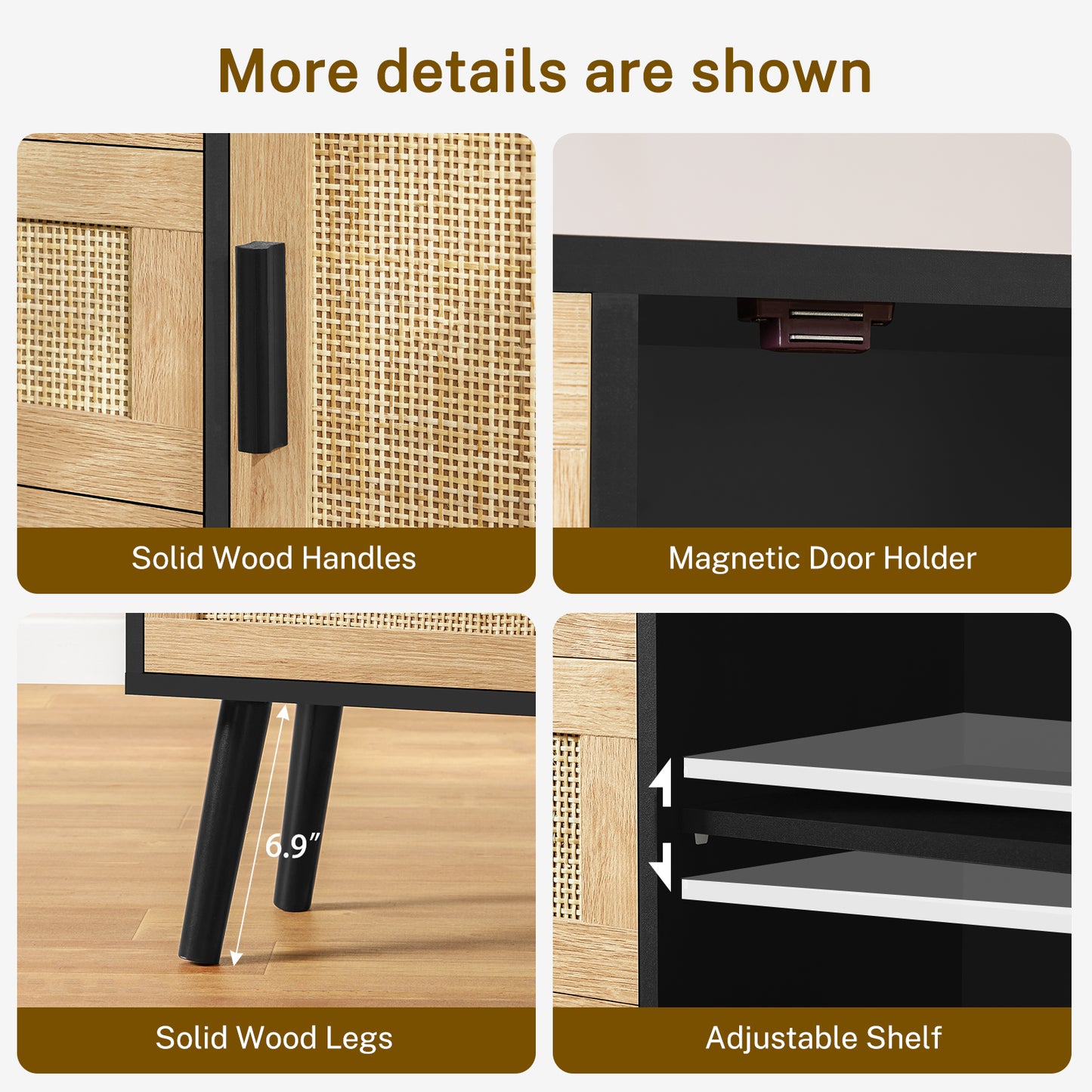 TEENFON Storage Cabinet with Adjustable Shelf & 3 Drawers, Rattan Cabinet with Doors, Freestanding Floor Accent Storage Unit for Living Room, Home Office, Natural + Black