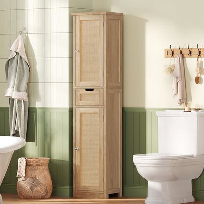Iwell Tall Bathroom Cabinet, Slim Narrow Storage Cabinet with Adjustable Shelves, Rattan Cabinets with 1 Drawer, for Bathroom, Living Room, Entryway, Kitchen, Nature