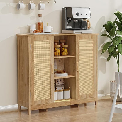TEENFON Rattan Storage Cabinet with 4 Adjustable Shelves, Coffee Bar Cabinet, Sideboard Buffet for Kitchen, Living Room, Entryway, Natural