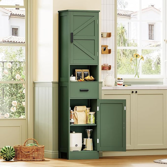 TEENFON 67" H Tall Bathroom Storage Cabinet with 2 Barn Doors and 1 Drawer, Narrow Bathroom Cabinet, Narrow Storage Unit, Adjustable Shelves, Floor Cabinets for Living Room, Kitchen, Forest Green