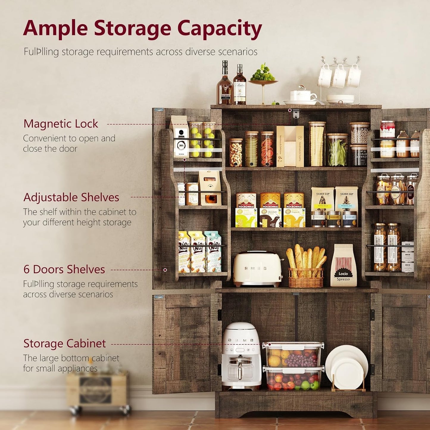 TEENFON Storage Cabinet with 4 Doors, 43.3" H Farmhouse Kitchen Cabinet with 6 Door Shelves, Kitchen Storage Cabinets with Adjustable Shelves, for Living Room, Antique Oak