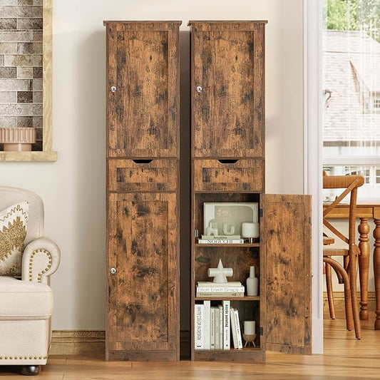 TEENFON 67" Tall Storage Cabinet, Bathroom Cabinet with Drawer & Adjustable Shelves, Narrow Storage Cabinet, Floor Cabinet for Living Room, Home Office, Rustic Brown