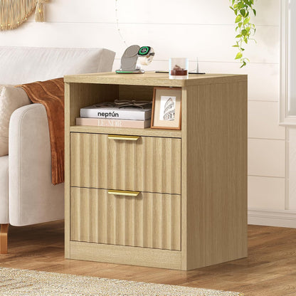 TEENFON Fluted Night Stand, Nighstand with Charging Station and LED Light, Modern Bed Side Table for Small Space, Storage Drawer and Open Shelf, for Bedroom, Natural