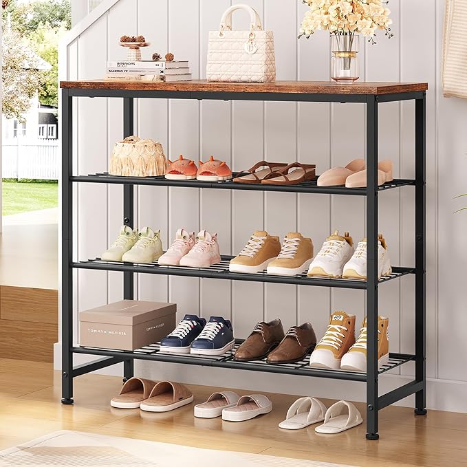 TEENFON 4-Tier Shoe Rack, Industrial Shoe Storage Organizer for 9-12 Pairs of Shoes, Metal Shoe Shelf with Wooden Top, Shoe Stand with 3 Metal Shelves for Entryway, Hallway, Closet, Rustic Brown