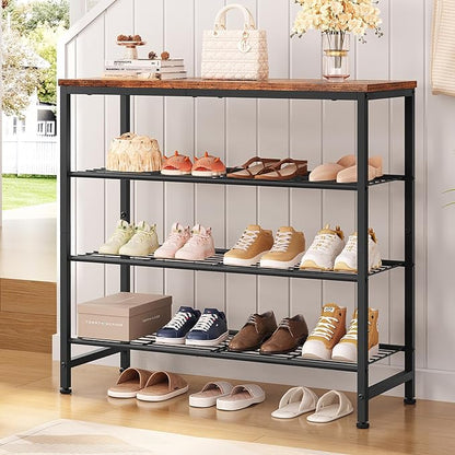 TEENFON 4-Tier Shoe Rack, Industrial Shoe Storage Organizer for 9-12 Pairs of Shoes, Metal Shoe Shelf with Wooden Top, Shoe Stand with 3 Metal Shelves for Entryway, Hallway, Closet, Rustic Brown