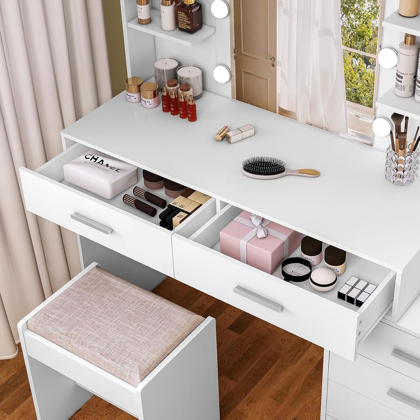 Vanity Desk with Mirror & Lights, Makeup Vanity with 6 Drawers, 6 Open Shelves and Power Outlet, 48” Storage Makeup Vanity Desk with Stool Bench for Women, Girls, Bedroom, White