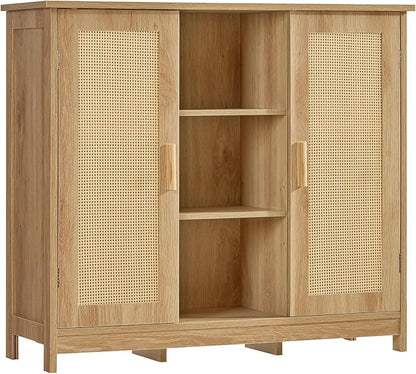TEENFON Rattan Storage Cabinet with 4 Adjustable Shelves, Coffee Bar Cabinet, Sideboard Buffet for Kitchen, Living Room, Entryway, Natural