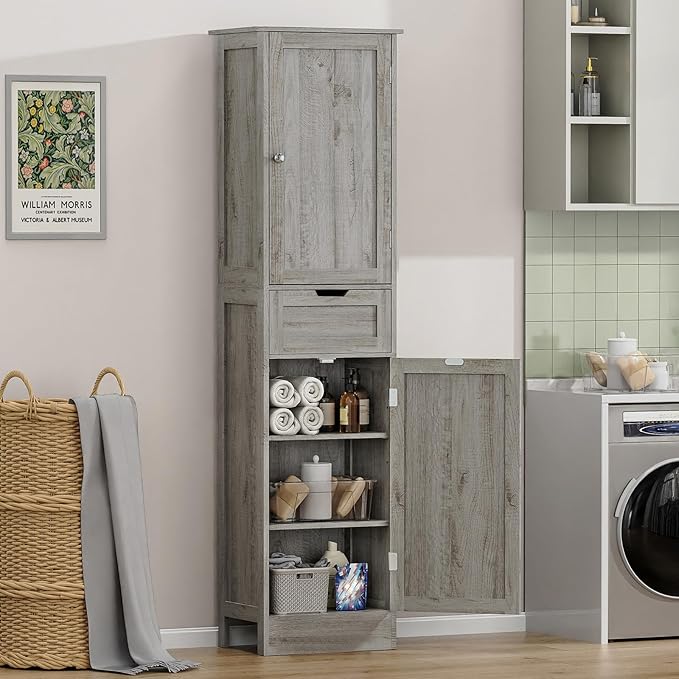 TEENFON 67" Tall Bathroom Cabinet with Adjustable Shelves & 1 Drawer, Storage Cabinet with 2 Doors, Narrow Tall Cabinet, Floor Cabinet for Bathroom, Living Room, Home Office, Grey