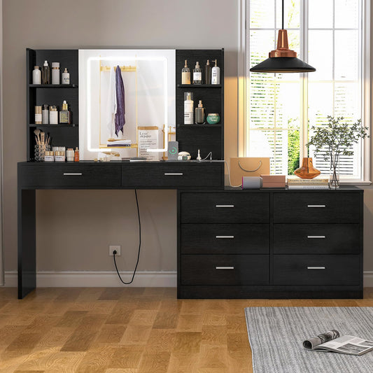 TEENFON Vanity Desk with LED Light Mirror & Power Outlet, 8 Drawers, 6 Storage Shelves, 3 Color Modes & Adjustable Brightness Makeup Vanity, Corner Vanity, L Shape Vanity, 39.4”-64.9" Desk, Black