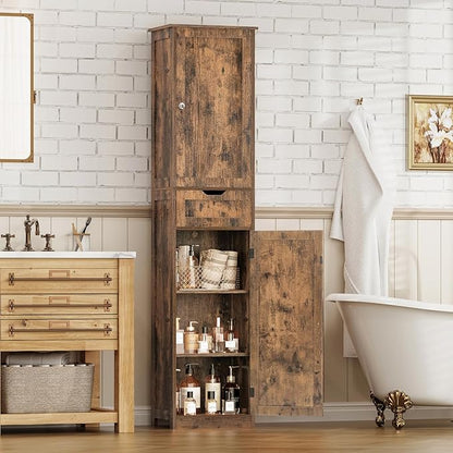 TEENFON 67" Tall Storage Cabinet, Bathroom Cabinet with Drawer & Adjustable Shelves, Narrow Storage Cabinet, Floor Cabinet for Living Room, Home Office, Rustic Brown