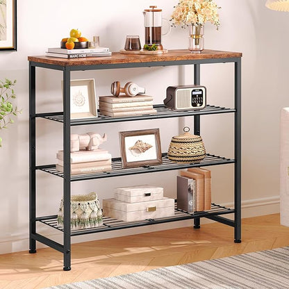 TEENFON 4-Tier Shoe Rack, Industrial Shoe Storage Organizer for 9-12 Pairs of Shoes, Metal Shoe Shelf with Wooden Top, Shoe Stand with 3 Metal Shelves for Entryway, Hallway, Closet, Rustic Brown