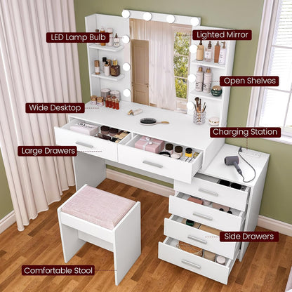 Vanity Desk with Mirror & Lights, Makeup Vanity with 6 Drawers, 6 Open Shelves and Power Outlet, 48” Storage Makeup Vanity Desk with Stool Bench for Women, Girls, Bedroom, White
