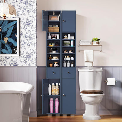 TEENFON Bathroom Cabinet, Narrow Bathroom Storage Cabinet with 5 Adjustable Shelves & Drawer, Freestanding Cupboard for Small Spaces, Blue