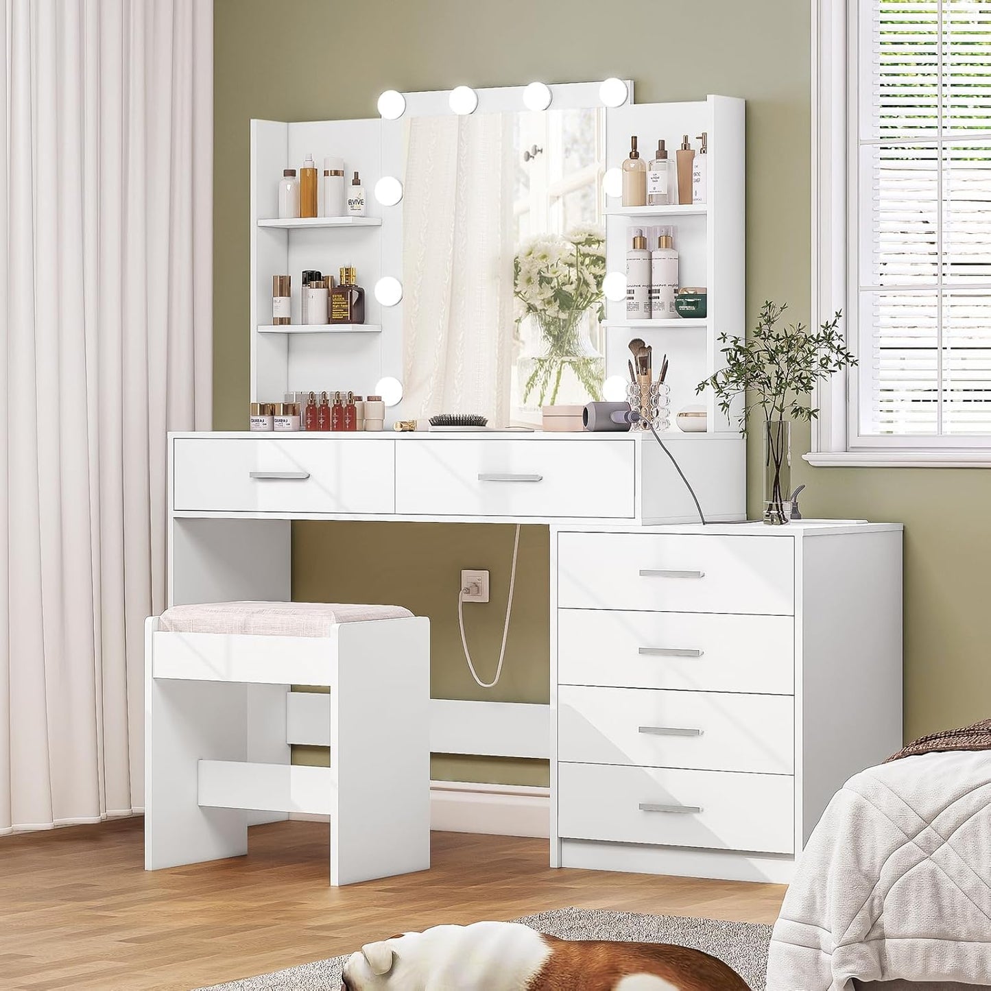 Vanity Desk with Mirror & Lights, Makeup Vanity with 6 Drawers, 6 Open Shelves and Power Outlet, 48” Storage Makeup Vanity Desk with Stool Bench for Women, Girls, Bedroom, White