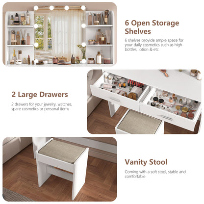TEENFON Vanity Desk with Mirror and Lights, Makeup Vanity Set with 2 Drawers and Open Shelves, Makeup Vanity Desk Dressing Table with Cushioned Stool and 10 LED Lights, White