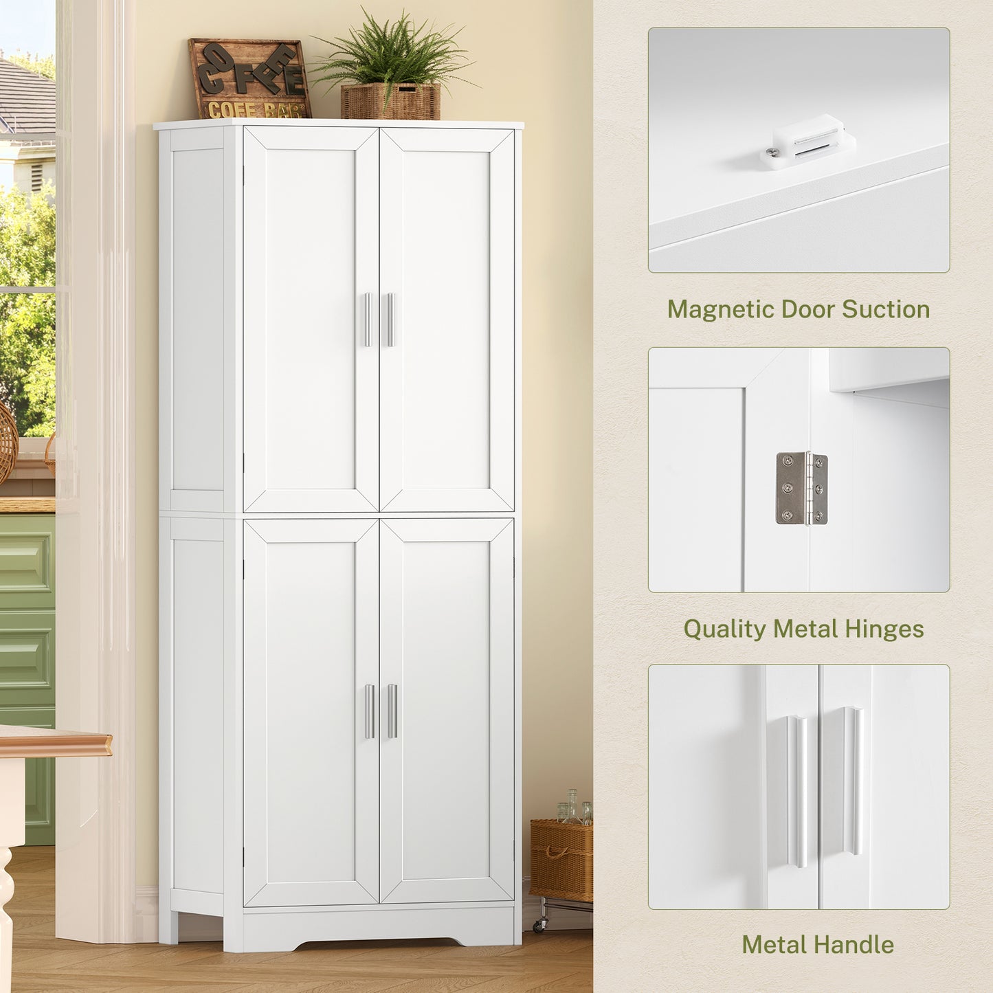 TEENFON 67” Storage Cabinet, Kitchen Pantry Cabinet with 4 Doors and 2 Adjustable Shelves, Cupboard, Tall Bathroom Cabinets for Dining Room, Living Room, White