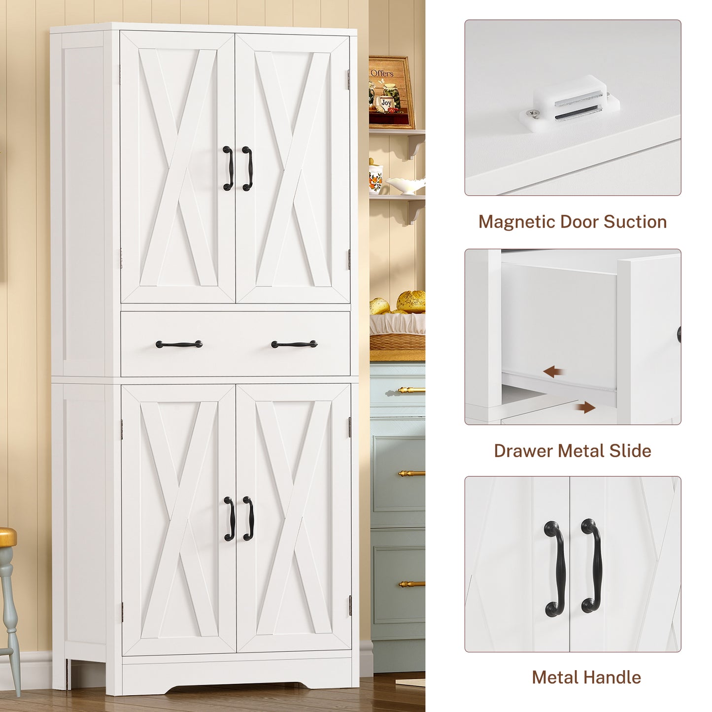 TEENFON Tall Storage Cabinet with 2 Adjustable Shelves & 1 Large Drawer, Kitchen Pantry Cabinet with 4 Doors, Bathroom Storage Cabinets, for Living Room, Kitchen, Bathroom, White