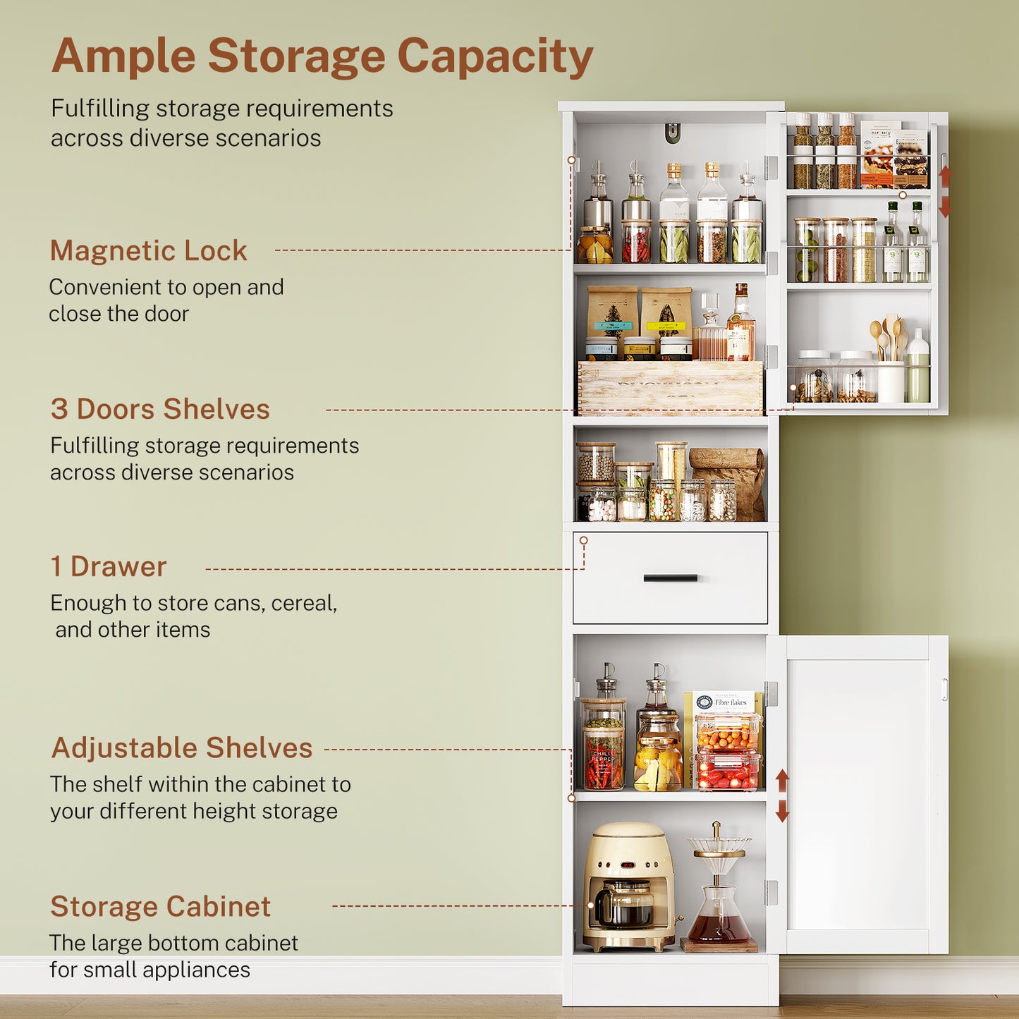 TEENFON 67" H Tall Storage Cabinet with 2 Doors, Bathroom Storage Cabinet, Kitchen Pantry Cabinets for Living Room, Dining Room, Bathroom, White