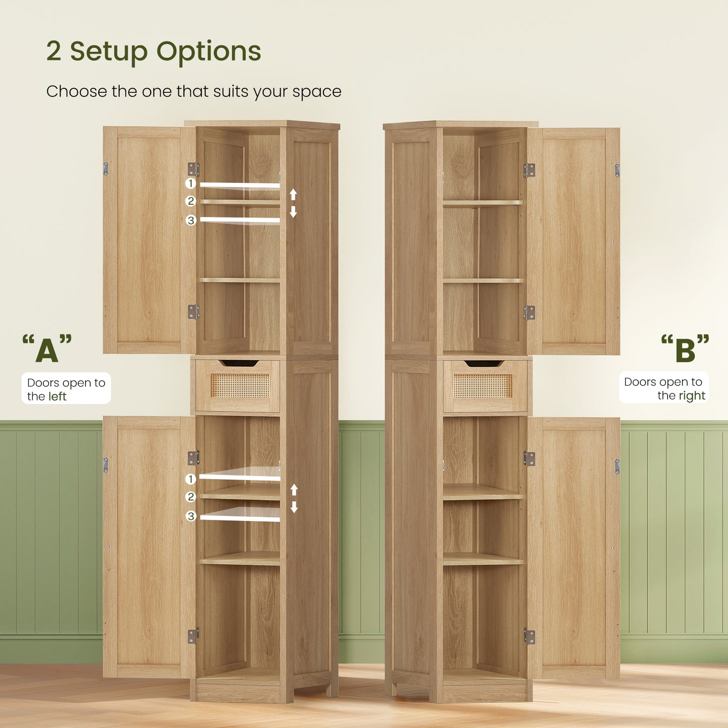 Iwell Tall Bathroom Cabinet, Slim Narrow Storage Cabinet with Adjustable Shelves, Rattan Cabinets with 1 Drawer, for Bathroom, Living Room, Entryway, Kitchen, Nature