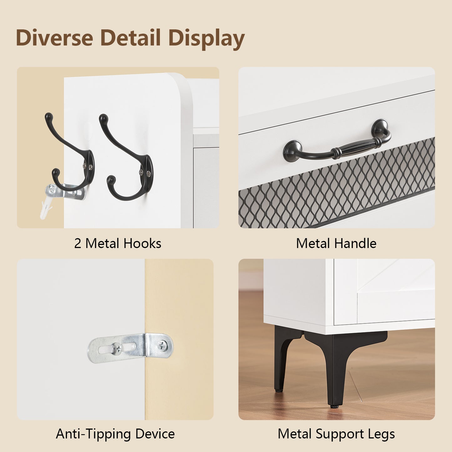 TEENFON Shoe Cabinet with 2 Flip Drawers, Shoe Storage Cabinet with Mesh Sliding Drawer, Freestanding Shoe Organizer with Metal Legs & 2 Hooks, Narrow Shoe Rack for Entryway, Hallway, White