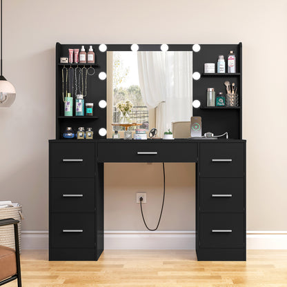 TEENFON Vanity Desk with LED Light Mirror & Power Outlet, 3 Adjustable Light Color, Makeup Vanity with 7 Drawers, 4 Shelves, 5 Jewel Hooks, White Vanity for Bedroom, Girls Vanity