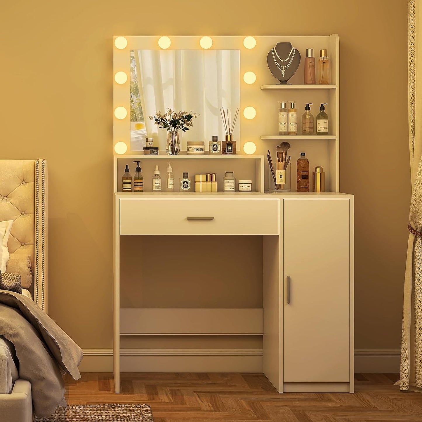 TEENFON Vanity Desk with 10 Lights & Mirror, 3 Storage Shelf, Big Drawer, Cabinet with Shelves, 3 Lighting Modes & Adjustable Brightness Dressing Table, Small Makeup Vanity, 35.5” Desk,White