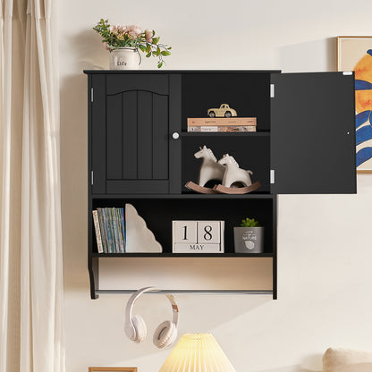 TEENFON Bathroom Wall Cabinet with Towel Rack, Bathroom Cabinet with Adjustable Shelf, Over The Toilet Storage Cabinet, Medicine Cabinet, Black