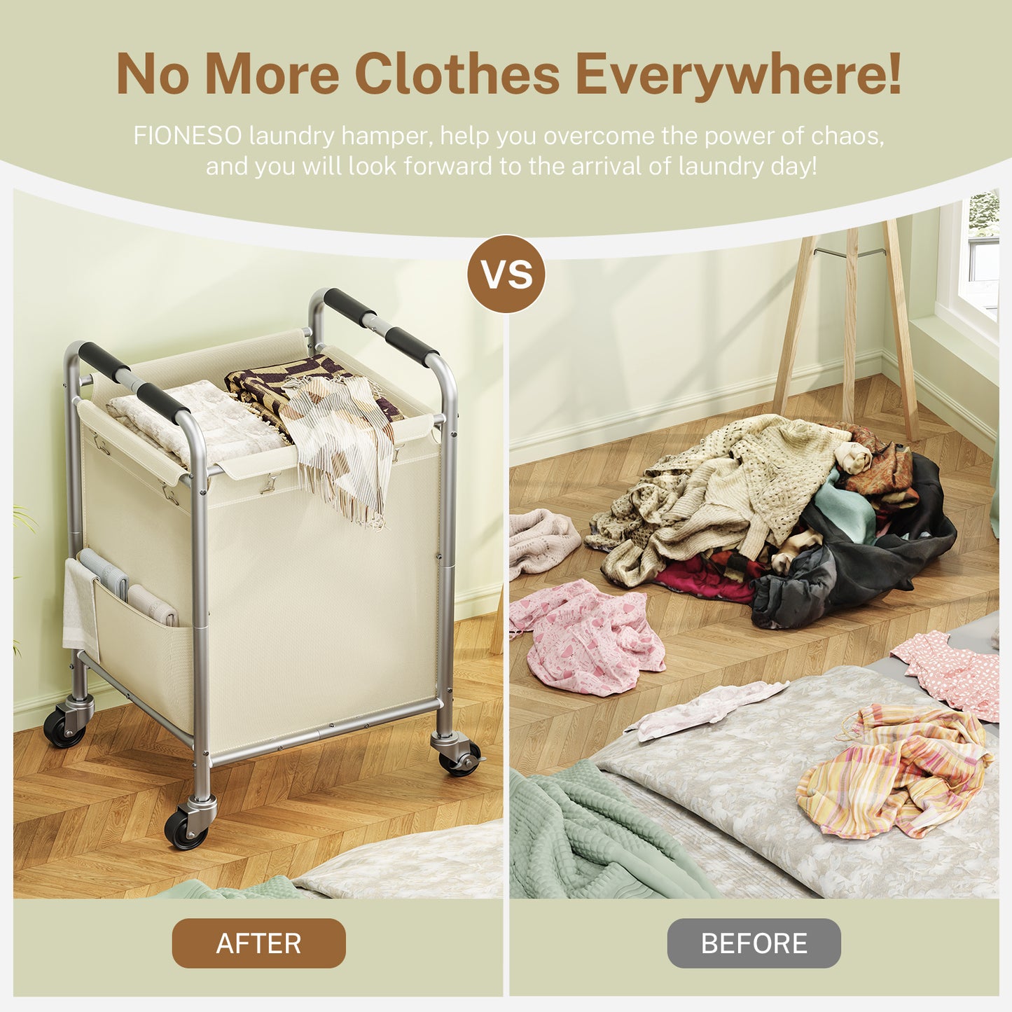 TEENFON Laundry Basket with Wheels, Rolling Laundry Sorter Cart with Side pockets,(180L) Rolling Laundry Hamper with Removable Bag and Handle for Bedroom, Beige