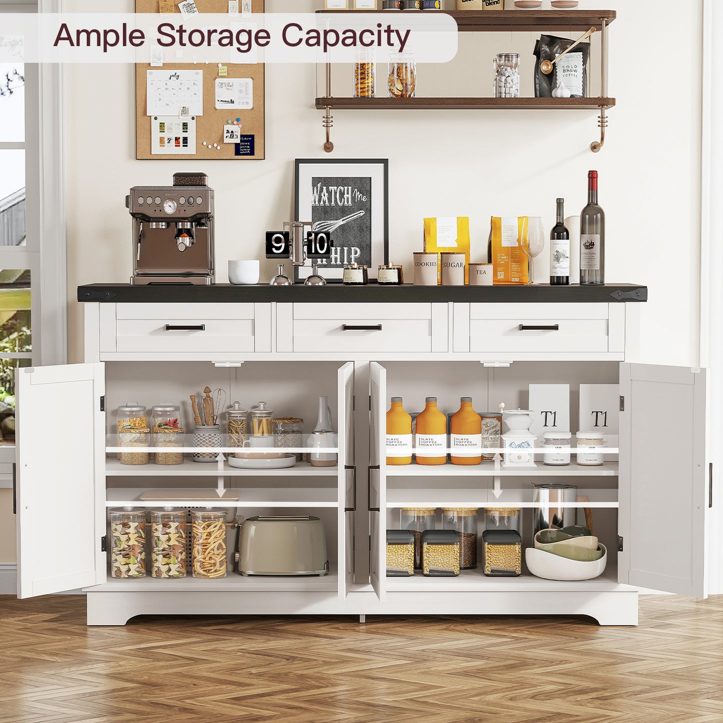TEENFON 55”W Buffet Cabinet with 3 Large Drawers & 2 Adjustable Shelves, Modern Farmhouse Sideboard Buffet Cabinet with Storage, Credenza, Coffee Bar, White