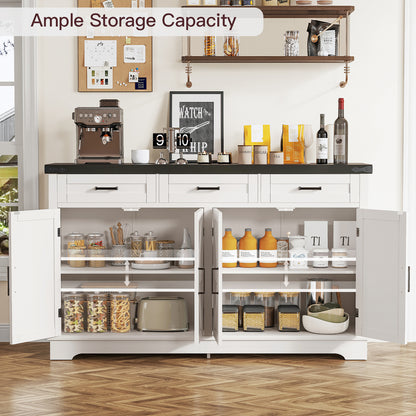 TEENFON 55”W Buffet Cabinet with 3 Large Drawers & 2 Adjustable Shelves, Modern Farmhouse Sideboard Buffet Cabinet with Storage, Credenza, Coffee Bar, White
