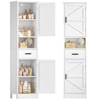 TEENFON Tall Bathroom Storage Cabinet with Barn Doors, Narrow Bathroom Cabinet with Drawer, Narrow Storage Unit, Adjustable Shelves, Floor Cabinets for Living Room, Entryway, Kitchen, White