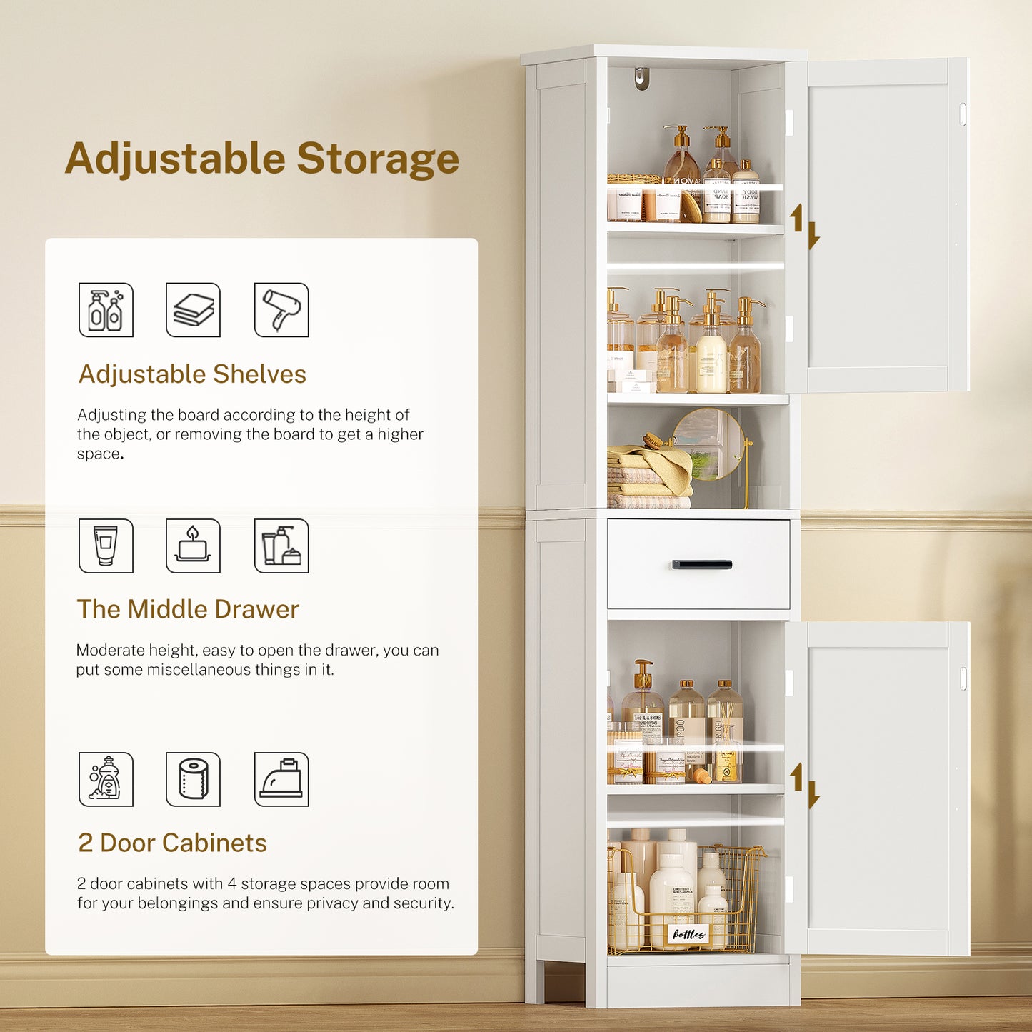 TEENFON Tall Bathroom Storage Cabinet with Barn Doors, Narrow Bathroom Cabinet with Drawer, Narrow Storage Unit, Adjustable Shelves, Floor Cabinets for Living Room, Entryway, Kitchen, White