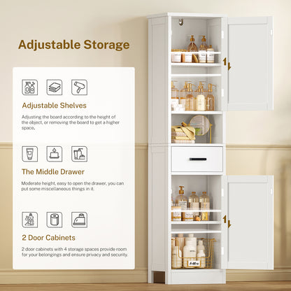 TEENFON Tall Bathroom Storage Cabinet with Barn Doors, Narrow Bathroom Cabinet with Drawer, Narrow Storage Unit, Adjustable Shelves, Floor Cabinets for Living Room, Entryway, Kitchen, White