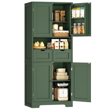 TEENFON Kitchen Pantry Cabinet with Adjustable Shelf, Tall Storage Cabinet with 2 Drawers & 4 Door Shelves, Food Pantry Cabinets, for Kitchen, Dining Room, Living Room, Green