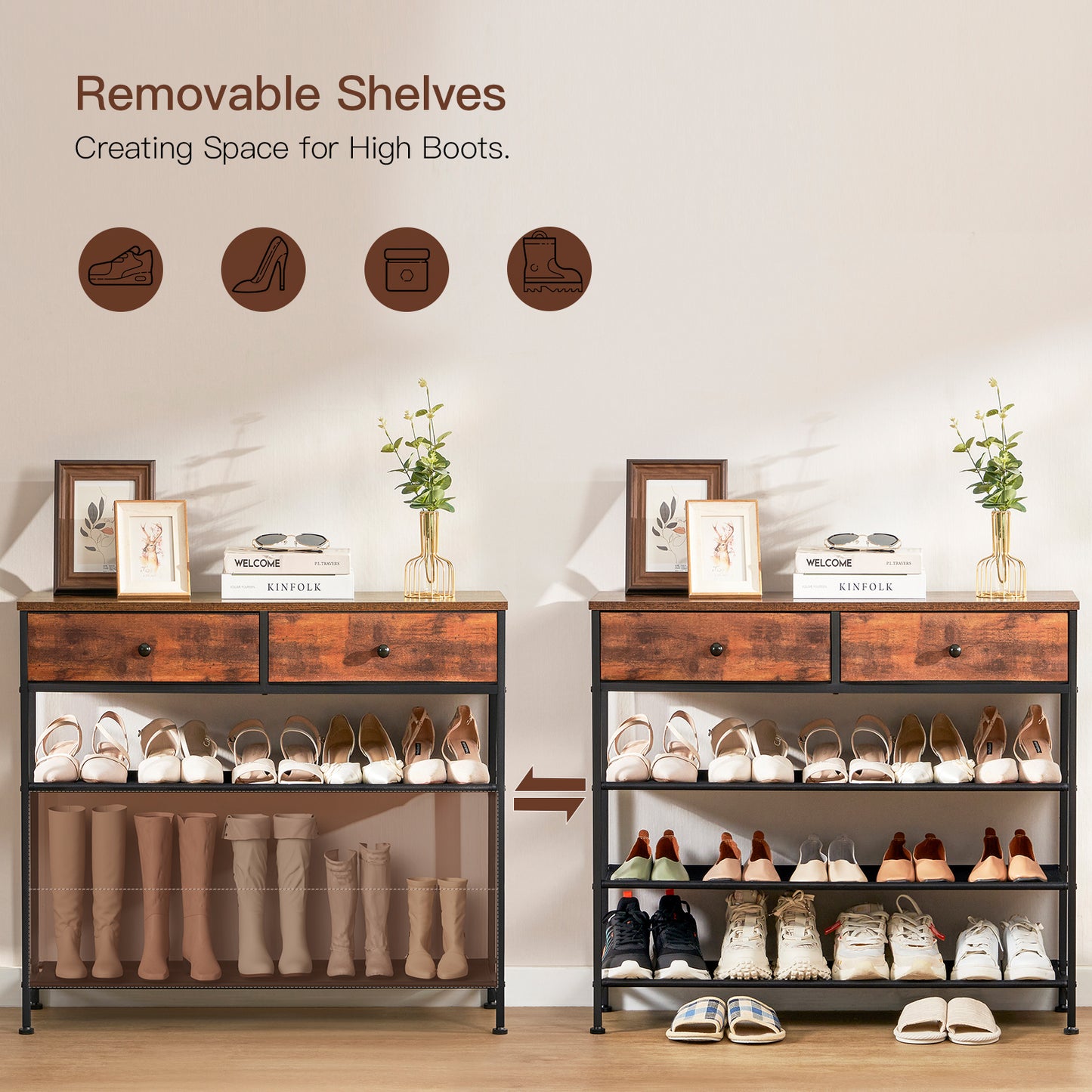 TEENFON Shoe Rack, 4 Tier Shoe Storage Organizer with 2 Drawers, Metal Shoe Shelf for 12-15 Pairs of Shoes, with 3 Oxford Fabric Shelves and Wooden Top, Shoe Stand for Entryway, Rustic Brown