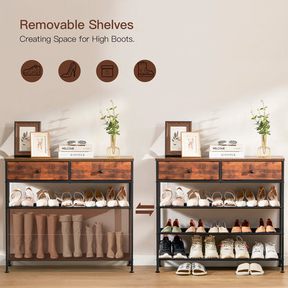 TEENFON Shoe Rack, 4 Tier Shoe Storage Organizer with 2 Drawers, Metal Shoe Shelf for 12-15 Pairs of Shoes, with 3 Oxford Fabric Shelves and Wooden Top, Shoe Stand for Entryway, Rustic Brown