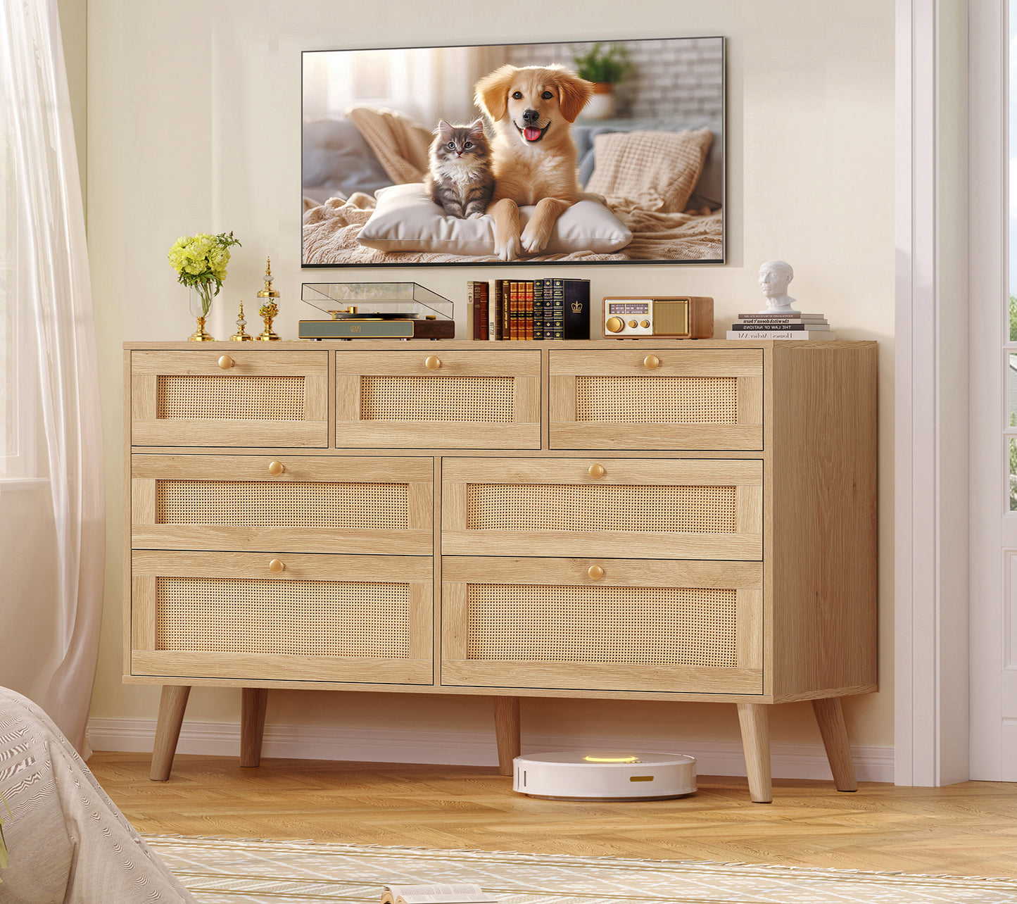 TEENFON 47.2''Wide 7 Drawer Rattan Dresser, Boho Dresser for Bedroom, Chest of Drawers, Closet Organizer, Natural Wood Dressers Chest for Bedroom, Living Room, Entryway, Natural