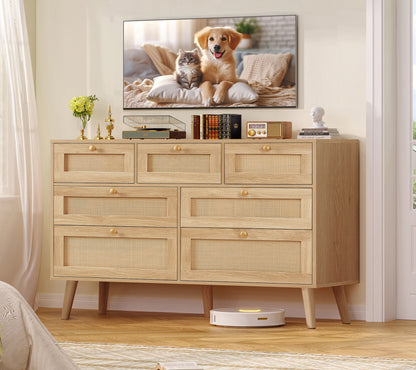 TEENFON 47.2''Wide 7 Drawer Rattan Dresser, Boho Dresser for Bedroom, Chest of Drawers, Closet Organizer, Natural Wood Dressers Chest for Bedroom, Living Room, Entryway, Natural