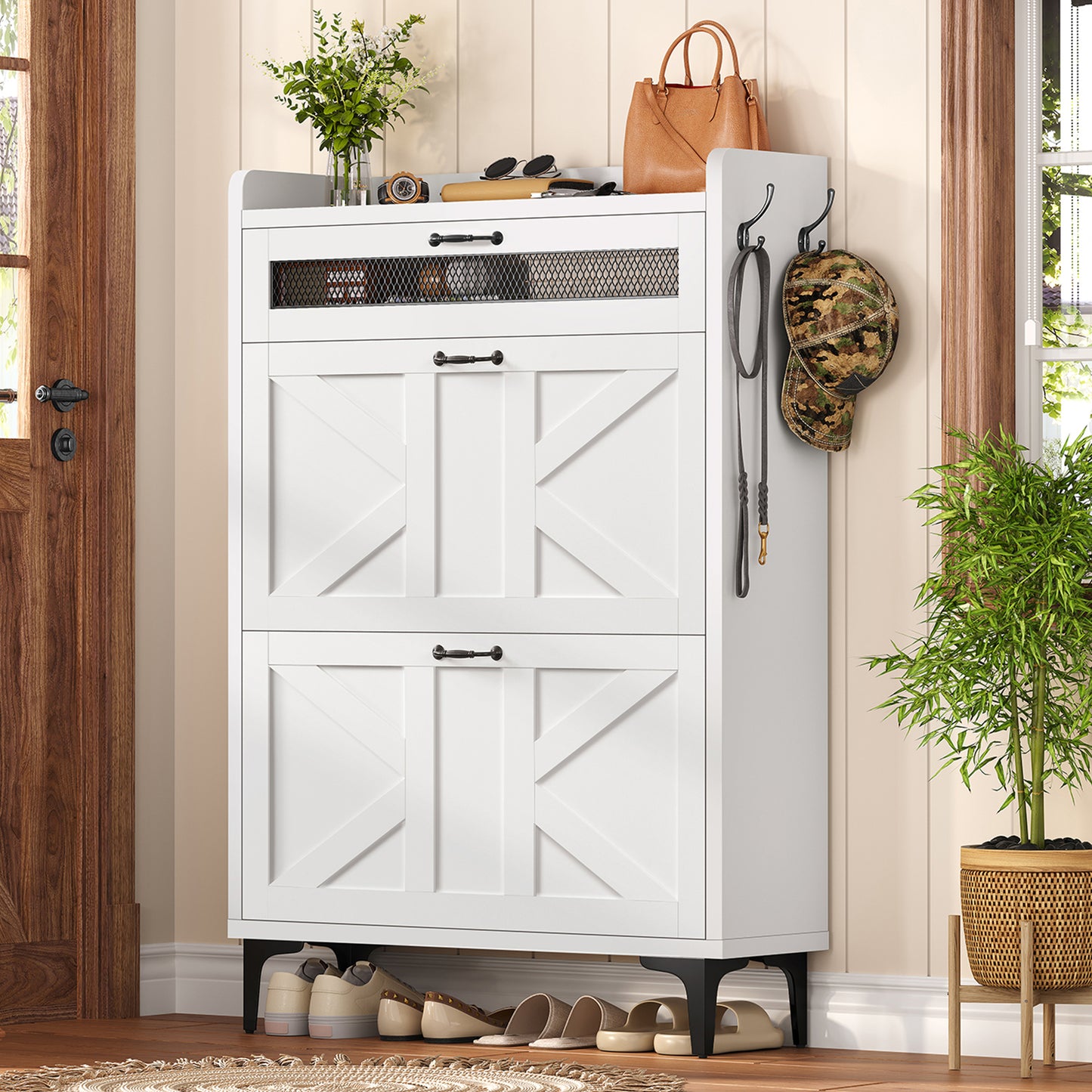 TEENFON Shoe Cabinet with 2 Flip Drawers, Shoe Storage Cabinet with Mesh Sliding Drawer, Freestanding Shoe Organizer with Metal Legs & 2 Hooks, Narrow Shoe Rack for Entryway, Hallway, White