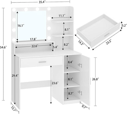 TEENFON Vanity Desk with 10 Lights & Mirror, 3 Storage Shelf, Big Drawer, Cabinet with Shelves, 3 Lighting Modes & Adjustable Brightness Dressing Table, Small Makeup Vanity, 35.5” Desk,White