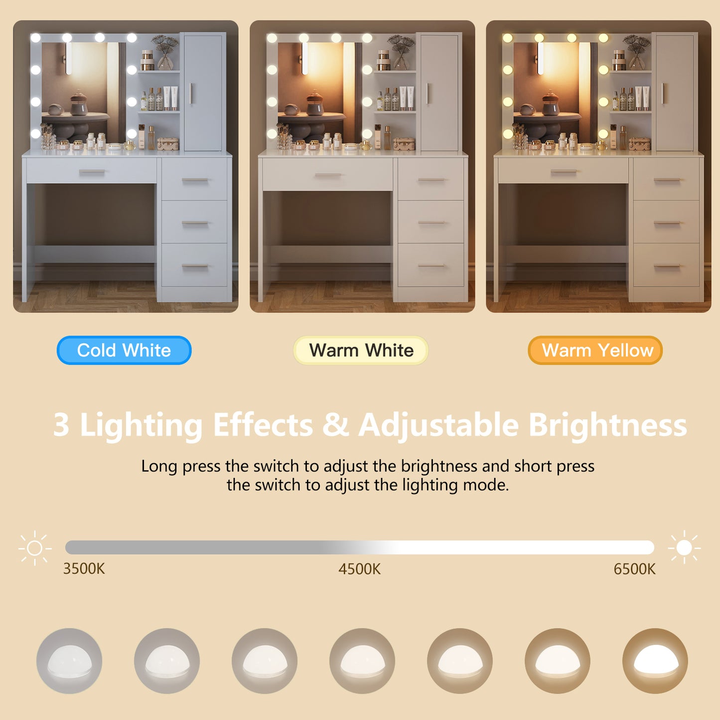 TEENFON Makeup Vanity with Lights, Vanity Desk with Mirror and 10 LED Lights, White Table with 4 Drawers, Cabinet & 4 Necklace Hooks, Dressing Table for Bedroom,Grils Vanity, White