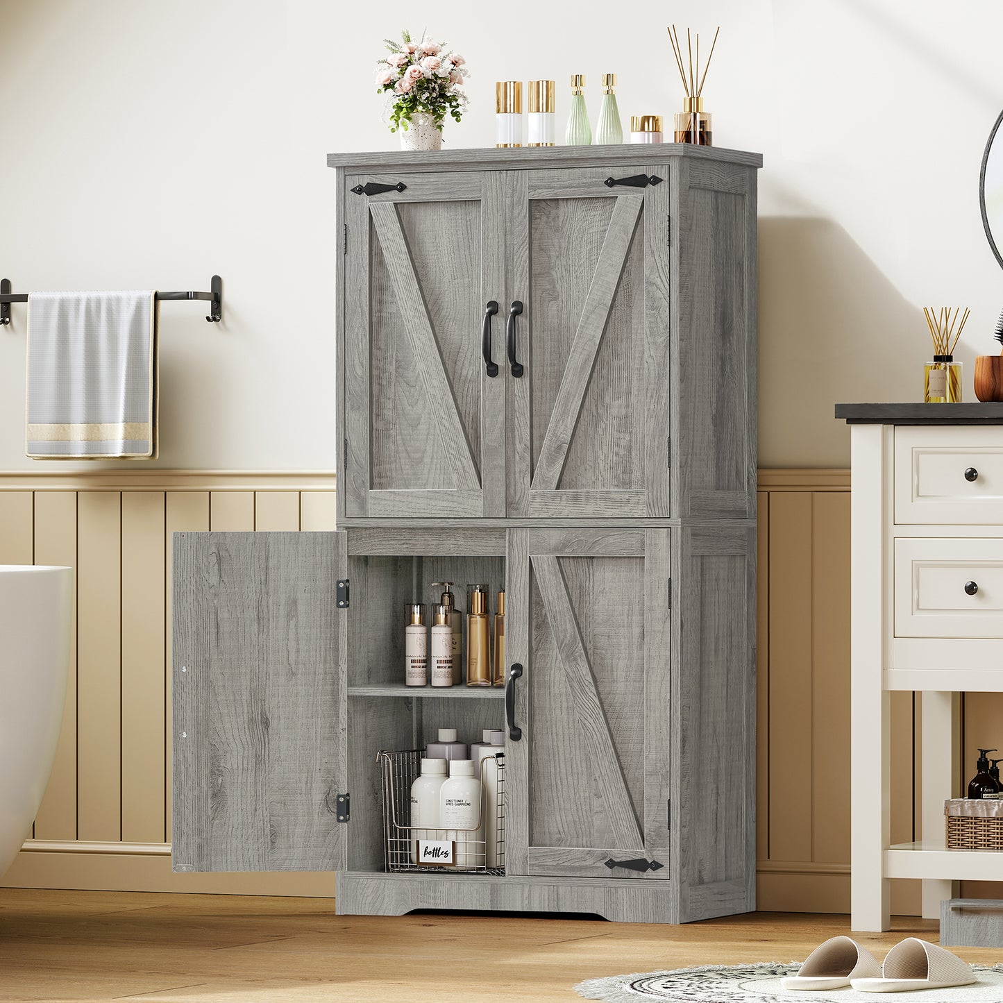 TEENFON Farmhouse Storage Cabinet with 2 Adjustable Shelves, Bathroom Cabinet with 4 Doors, Cupboard for Kitchen, Living Room, Rustic Gray