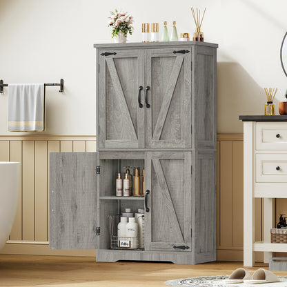 TEENFON Farmhouse Storage Cabinet with 2 Adjustable Shelves, Bathroom Cabinet with 4 Doors, Cupboard for Kitchen, Living Room, Rustic Gray
