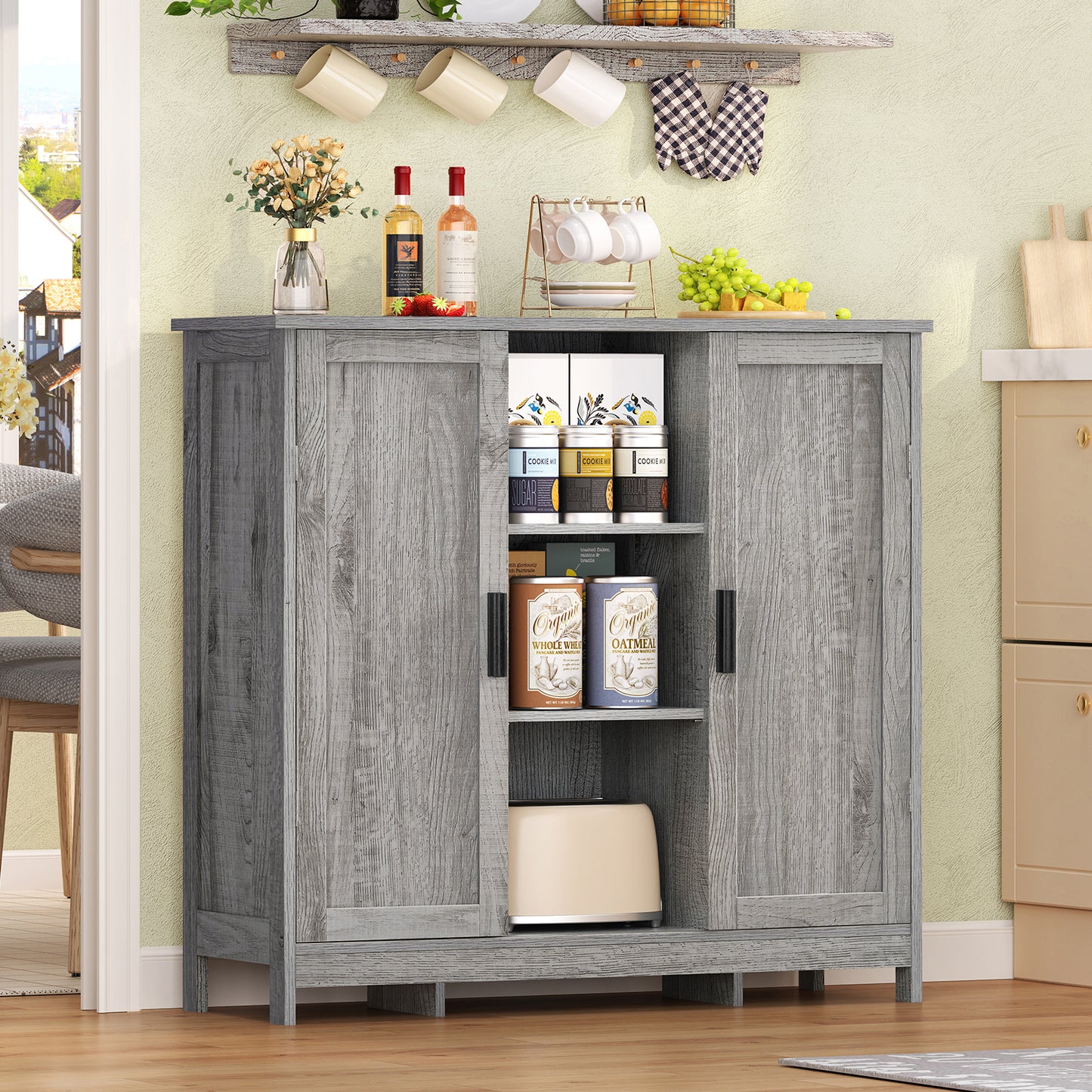 TEENFON Storage Cabinet, Coffee Bar Cabinet with 3 Adjustable Shelves & 2 Doors, Bathroom Cabinets, Sideboard Buffet Cabinets, Cupboard for Bathroom, Kitchen, Living Room, Grey