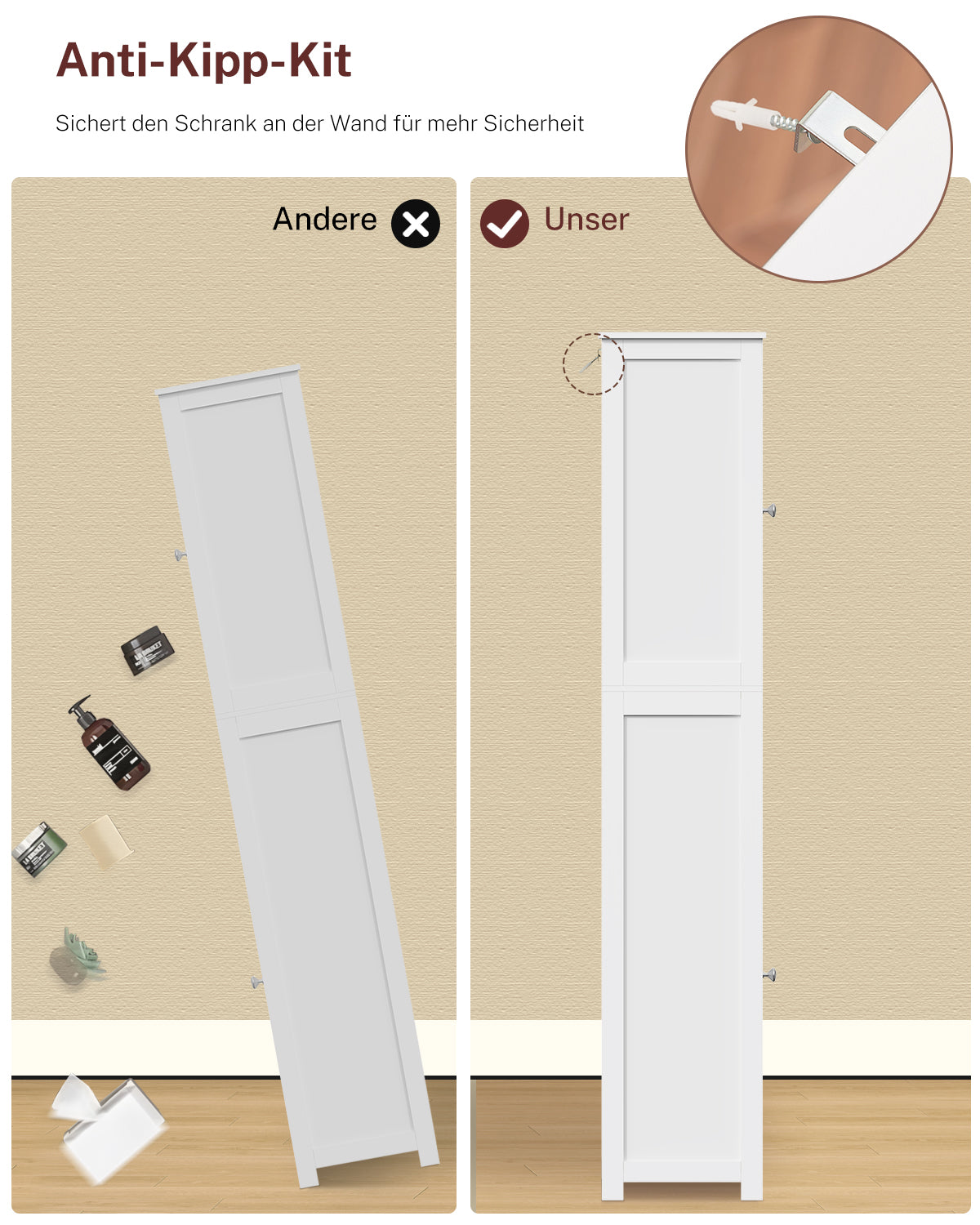 170cm Bathroom Closet, Bathroom Closet Narrow with 2 Doors and 1 Drawer, Bathroom Cabinet with Adjustable Shelves for Bathroom, Living room, Hallway, Kitchen, 40x30x170 cm, White