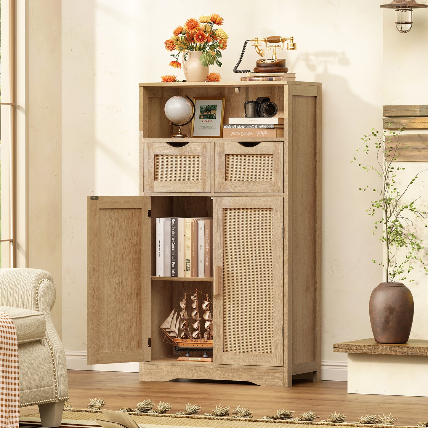 TEENFON Storage Cabinet with 2 Drawers & Adjustable Shelves, Rattan Cabinet, Kitchen Pantry Cabinets, Cupboard for Living Room, Kitchen, Home Office, Natural